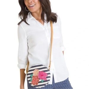 Chico’s circular floral and striped embroidered crossbody purse